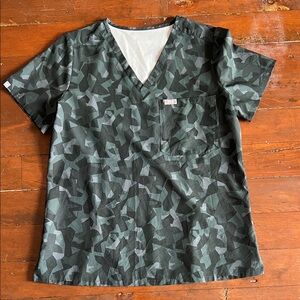 Figs Green Camouflage V-Neck Top